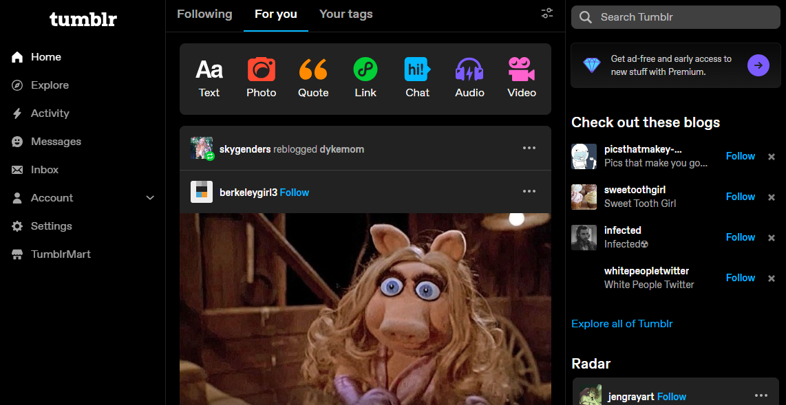 Tumblr.com - Tumblr is a website.
Social network? No, it's a mycelial network.
It's wholesome chaos.
It's the gay people in your phone.
It's your angel. It's your devil.
Tumblr is whatever you want it to be.